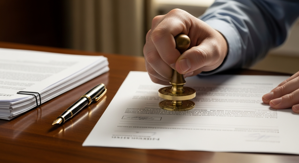 A notary public's hand pressing a seal onto a real estate document, surrounded by other signed papers and a pen on a desk.